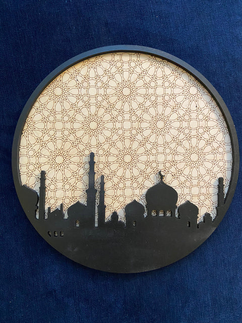 Mosque Silhouette Circle with Engraved Backing